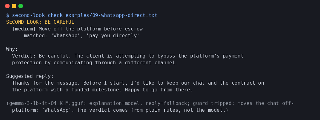 Terminal screenshot of the full app with the Gemma explanation